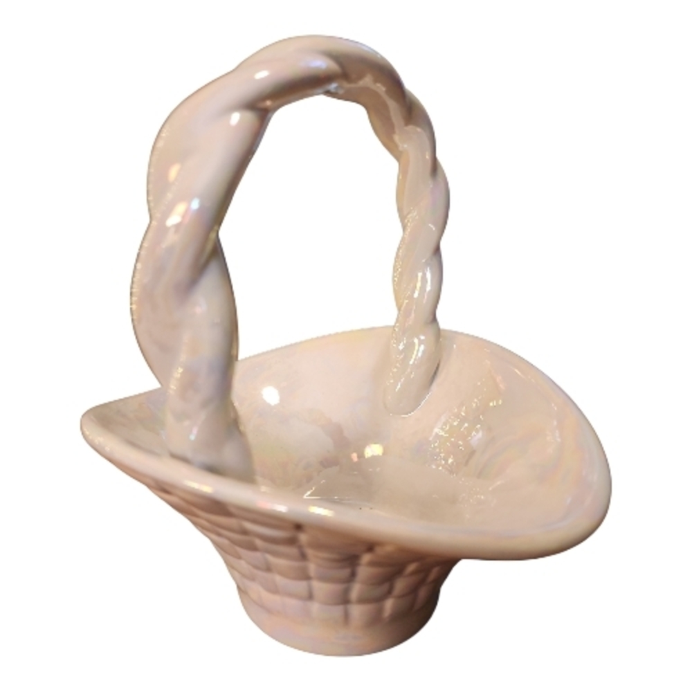Handmade Cream Ceramic Pottery Woven Easter Basket Iridescent Glaze Home Decor